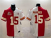 Men's Kansas City Chiefs #15 Patrick Mahomes Red & White Split 2025 Super Bowl LIX Patch Vapor Limited Stitched Jersey,baseball caps,new era cap wholesale,wholesale hats
